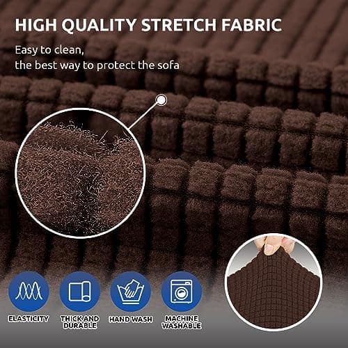 KEKUOU Stretch Sofa Cover Slipcover ，Couch Covers for 3 Cushion Couch Sofa pet Friendly (78"-94") Furniture Protector Sofa with Elastic Bottom for Kids,Dog, Jacquard Small Checked(Large,Chocolate) - Thumbnail 5