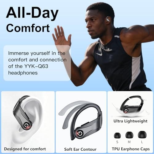 Earbuds Wireless Earbuds 120H Playback Bluetooth 6.1 Headphones IPX7 Waterproof Stereo Bass Over-Ear Headphones with Earhooks Microphone LED Battery Display for Sports Running Workouts - Thumbnail 3