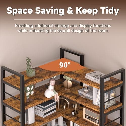 TEROL 7-Tier Corner Bookshelf, Reversible Wooden Shelves, Industrial Bookcase with Open Shelves and Sturdy Metal Frame, Display Shelf Storage Rack for Living Room, Bedroom, Home Office (Rustic Brown) - Thumbnail 6