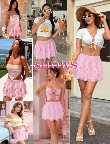 Avidlove Pink Mini Skirt Mesh Ruffled Women Skirts Y2K Dating Casual Hangout Outfit L - Thumbnail 4