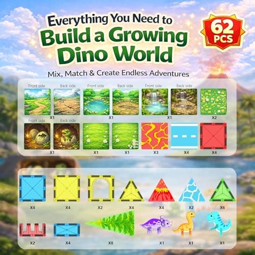 LATI Magnetic Tiles Dinosaur Building Set, Dino World Magnet Blocks with Double-Sided Egg Hatch Story, STEM Construction Toy for Kids Ages 3+, Educational Gift for Boys & Girls - Thumbnail 6