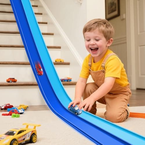 Flex Tracks 15 Ft Starter Set, Flexible Race Track for Kids 3+ with Strong Suction Cups, Flexible Car Track Race Car Ramp Track Compatible with 1/64 Diecast Cars, Portable Rolls Up Race Tracks - Image 1