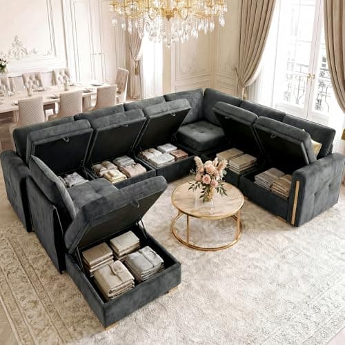 smilesun Oversized Modular Chenille 8-Seater Sectional Sofa with Storage, Convertible Comfy Extra Deep & Wide Seat Couch with Gold Metal Accents & Legs for Living Room (Grey)