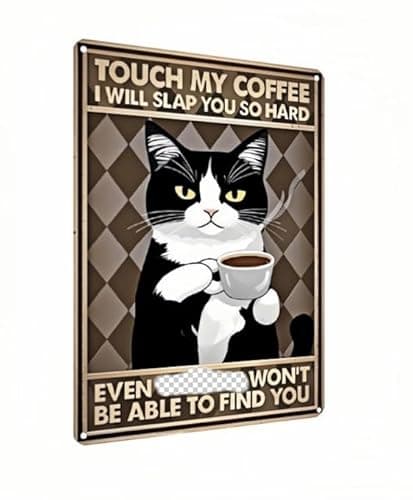 Carastora Vintage Coffee Bar Decor Sign – Black and White Cat Metal Wall Art with Humorous and Sarcastic Quote – Funny Tin Sign for Kitchen, Cafe – 8x12 Inch - Image 1
