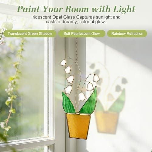 Lily of the Valley Suncatcher - May Birth Flower Gold Edged Stained Glass, 8 Inch Real Glass Window Hanging, Thoughtful Memorial, Grandma & Plant Lover Gift for Mother‘s Day, Wedding, Housewarming - Thumbnail 4
