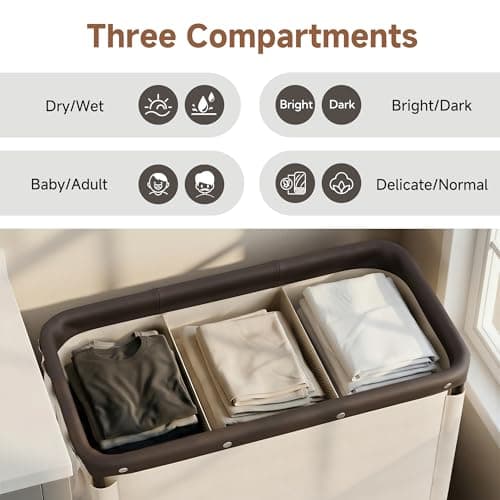 StorageWorks 3 Section Laundry Hamper, Rolling Laundry Cart with Wheels and Handles, Laundry Room Double Sorter for Organizer and Storage, 31.7 Gal(120L), Beige - Thumbnail 4