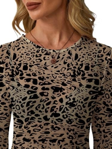 GKBK Womens Mesh Long Sleeve Tops Crew Neck Sexy See Through Tee Dressy Casual Shirts Party Club Night Lace Blouse Western Wear Outfit Clothes Going Out Clothing Leopard M - Thumbnail 4