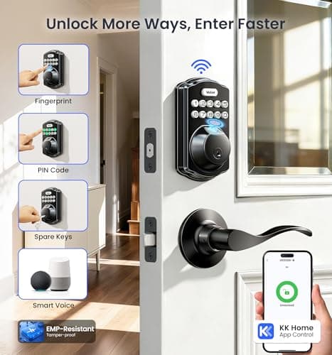 Veise VE012W-B Wi-Fi Fingerprint Smart Lock with Handle Set, Remote App Control, Keyless Entry Front Door Lever, Built-in WiFi No Hub Needed, Backlit Keypad Deadbolt, Auto-Locking, Matte Black - Thumbnail 3