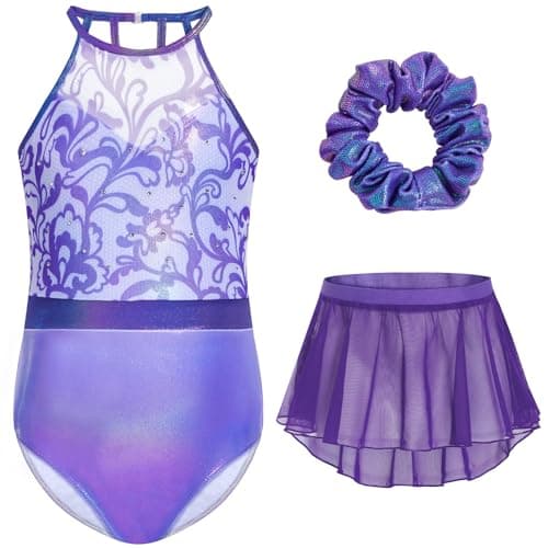 Gogokids 3 Pcs Ballet Leotards for Girls, Halter Gymnastics Leotard with Rhinestone and Removable Skirt Combo Purple - Image 1