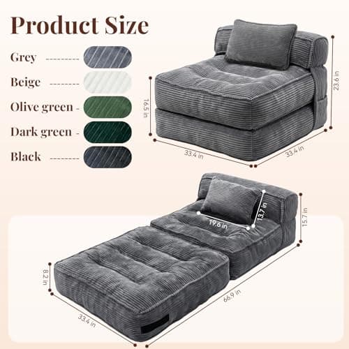 Folding Sofa Bed, Convertible Sleeper Chair with Pillow Foldable Mattress with Back Support, Portable Fold Out Chair Bed Comfy Floor Couch Lounge for Living Room Bedroom Apartment Single - Thumbnail 2