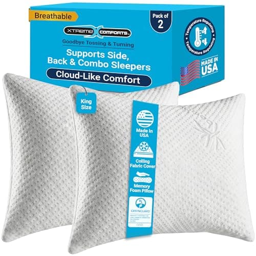 Xtreme Comforts Memory Foam Pillows | GREENGUARD Certified Shredded Foam Fill for Personalized Support | Slim Cooling King Bed Pillows for Side, Back & Stomach Sleepers | Pillows King Size