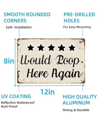 Carastora Retro Tin Bathroom Sign – 8x12 Inch Funny Wall Decor with Star Review Style – Great for Toilet Door, Outhouse, or Cabin Washroom Decor - Thumbnail 6