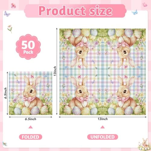 NatNarr 50 Pcs Easter Paper Napkins, 6.5 x 6.5 Inch Cute Bunny Napkins Disposable Pastel Plaid Eggs Easter Cocktail Napkin for Decoupage, Spring Party, Baby Shower - Thumbnail 2
