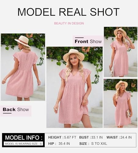Dokotoo Beach Dresses for Women V Neck Sexy Dresses 2026 Fashion Hollow-Out Vacation Dress Ruffle Short Sleeve High Waist A Line Pink Mini Dress Pink Small - Thumbnail 2