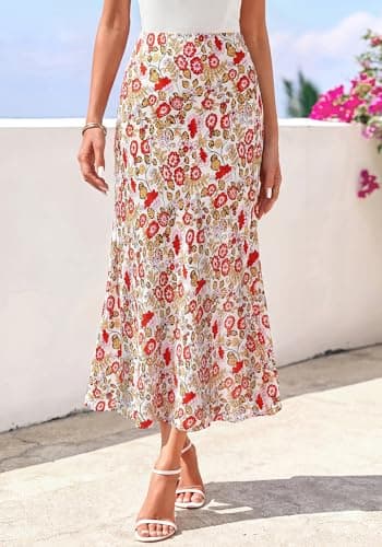 BTFBM Satin Skirts for Women 2025 Fall High Waisted A-Line Leopard Print Cocktail Wedding Long Silk Summer Midi Skirt(Floral White Red, Small) - Thumbnail 2