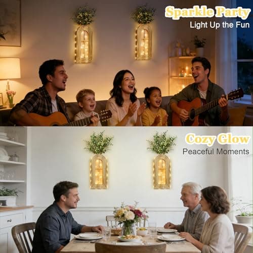 HOMECOR Hanging Wooden Vase Wall Decor - Set of 2, Brown Finish Boho & Modern Farmhouse Decor with Fairy Lights & Artificial Plants, Wall Art for Living Room, Bedroom, Bathroom Home Decor Gift Idea - Thumbnail 6