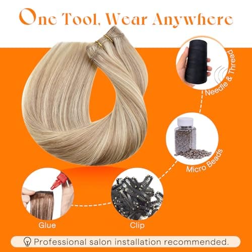 Sunny Hair Sew in Hair Extensions Real Human Hair 18 Inch Double-Wefted Golden Blonde Mix Medium Blonde Highlights Long Straight Add Volume Can be Styled 100G - Thumbnail 5