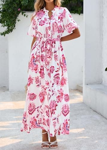 KIRUNDO Women Spring Summer Wedding Guest Boho Floral Maxi Dress Puff Sleeve Button Shirt V Neck Flowy Beach Vacation Dress(Floral White Rose Red, Medium) - Thumbnail 6