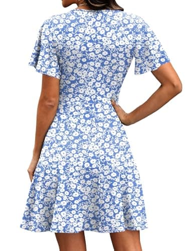 RUMIA Womens Summer Dresses 2026 Wrap V Neck A-line Casual Sundresses Beach Vacation Spring Clothes Floral Dress Blue L - Thumbnail 5