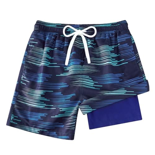 Cozople Swim Trunks for Boys Qucik Dry Swim Shorts with Compression Liner Swimsuit Blue Grass Bathing Suits UPF Stretchy Boardshorts Boxer Brief Swimwear Size 18-20 - Image 1