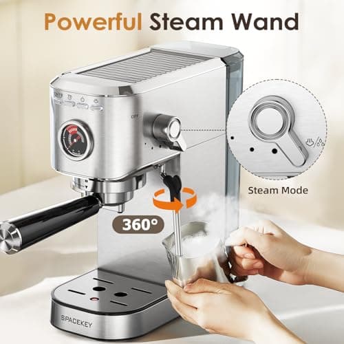 Spacekey Espresso Machine with Milk Frother, 20 Bar Compact Expresso Coffee Machines for Home, Stainless Steel Espresso Maker with 39oz Removable Water Tank for Cappuccino Latte, Fast Heating, Silver - Thumbnail 6