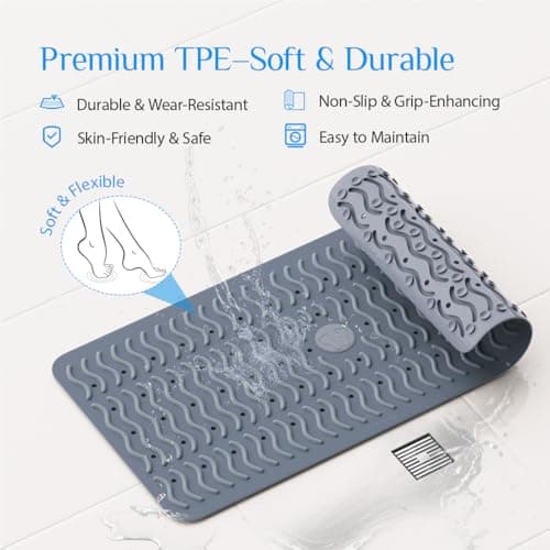 Non Slip Bathtub Mat & Shower Mat, 31x15'' Anti Slip Bath Mat for Tub, Soft TPE Anti-Skid Bathroom Mat with 194 Suction Cups & Drain Holes, Wave-Textured Grip, Machine Washable, Grey - Thumbnail 6