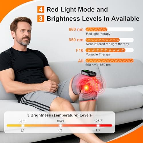 Knee Massager with Heat and Red Light Therapy and Vibration, 660nm & 850nm Infrared Red Light Therapy for Pain Relief, 5000mAh Protable Rechargeable Heated Brace for Knee, Joint, Elbow, Shoulder - Thumbnail 3