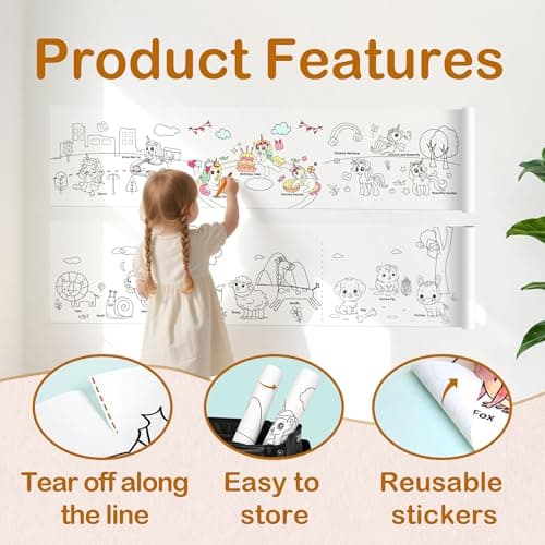 YPLUS Children Drawing Roll, Coloring Paper Roll for Kids, 120 x 11.8 Inch Sticky DIY Painting Drawing Paper Rolls for Toddler, Kids' Gift, Party Activities, Wall Coloring Paper Stickers - Unicorn - Thumbnail 5