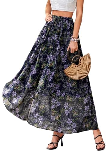 PRETTYGARDEN 2026 Summer Maxi Long Skirts for Women Trendy Boho Floral High Waisted Slit Flowy Travel Beach Vacation Clothes (Floral Dark Blue Purple,XX-Large) - Image 1