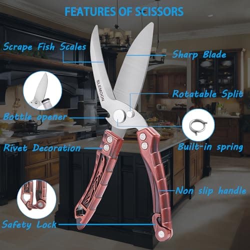 SLEMOON Kitchen Shears Heavy Duty Poultry Shears for Bone,Chicken,Turkey,Meat,Fish and Pizza Cutting Board Kitchen Scissors All Purpose for Food Ideal for Chef and Home Cooking,Dishwasher Safe Bronze - Thumbnail 4
