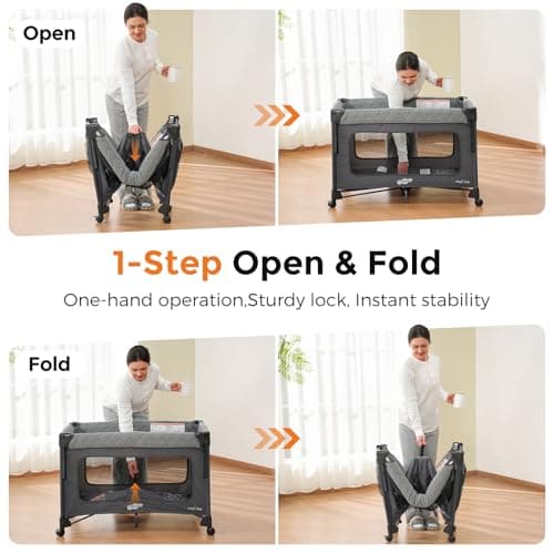 Pamo Babe Pack and Play with Bassinet - 7 in 1 One-Step Setup Bedside Crib, Portable Playpen, Travel Crib, Baby Playard with Diaper Changing Station, Toy Bar & Large Storage Bag - Thumbnail 3