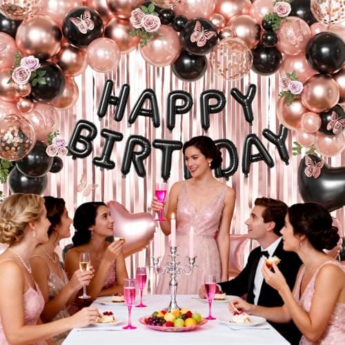Rose Gold and Black Birthday Decorations for Women Girls, Pearl Metallic Rose Gold Black Foil Confetti Balloons Happy birthday Banner Gold Butterfly Fringe Curtains for Birthday Party Women Girls - Thumbnail 5