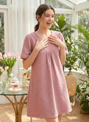 BLENCOT Womens Summer Chic Loose Dress Split V Neck Flutter Short Sleeve Embossed Textured Casual Swing Mini Dress Dusty Pink XL - Thumbnail 5