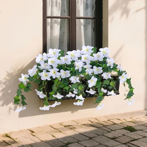 BSMYBO 2Pcs Artificial Hanging Flowers for Outdoors, Fake Outdoor Flowers Faux Petunias Silk Flowers for Outdoor planters UV Resistant for Home Garden Balcony Yard Porch Patio Decor (White) - Thumbnail 5