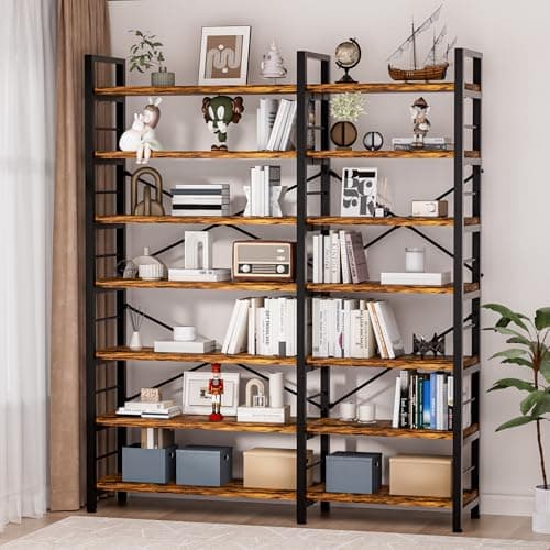 TEROL 7-Tier Corner Bookshelf, Reversible Wooden Shelves, Industrial Bookcase with Open Shelves and Sturdy Metal Frame, Display Shelf Storage Rack for Living Room, Bedroom, Home Office (Rustic Brown) - Thumbnail 2