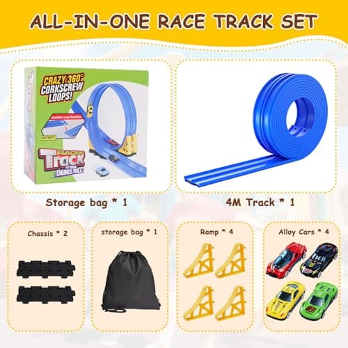 Kimdog Flexible Race Track for Kids - 15Ft Car Track with 4 Vehicle in 1:64 Scale, 4M DIY Car Ramp Roll Up, Play Race Cars for 3 4 5 6 Year Old Boys Girls, Little People Gifts for Birthday Christmas - Thumbnail 6