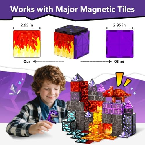 GobiDex Dinosaur Toys Magnetic Tiles Lava Cave Dinosaur World Set - Magnetic Building Blocks for Kids 3-5 5-7 Girls Boys Toys Age 4-6 6-8, STEM Sensory Toddler Birthday Gifts for 3+ Year Old Kids Toy - Thumbnail 3