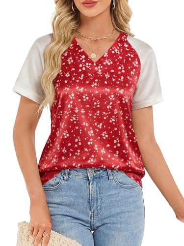 Funlingo Shirts for Women Dressy Casual Silk Short Sleeve Tops V Neck Satin Blouses Spring Fashion Clothes Red Cruise Outfits XL - Image 1