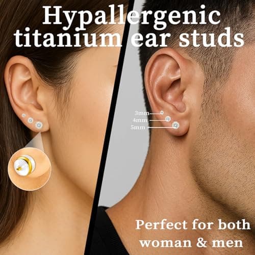 3 Pairs Moissanite Stud Earrings in 14K Gold Plated Titanium | HypoAllergenic Earrings for Women & Men (Gold 3/4/5mm) - Thumbnail 2