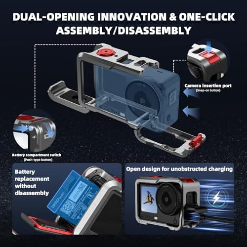 Flymile Action 6 Camera Cage for DJI Osmo Action 6, Protective Case Metal Frame with Silicone Lens Cap, Cold Shoe & 1/4" Threads Adapter, Aluminum Alloy Quick Release Mount Accessories - Thumbnail 2