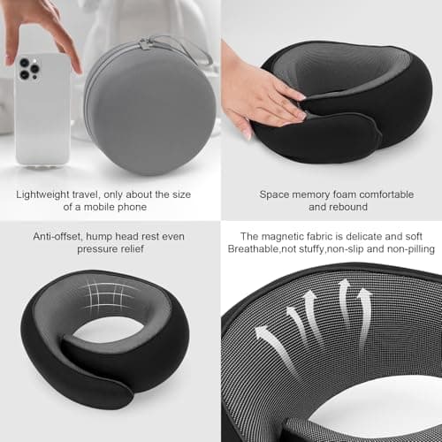 Bely King Travel Neck Pillow for Airplane - 100% Memory Foam 360° Ergonomic Support - Adjustable Velcro, Washable Velvet Cover & Compact Storage Case - Flight Essentials for Sleeping (Black) - Thumbnail 5
