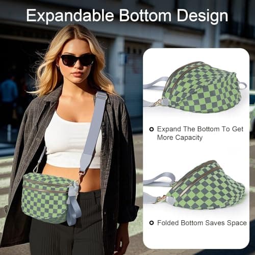 Bum Bags for Women Checkered Crossbody Bag Large Nylon Belt Purse Fanny Packs, Bonus with a Extra Strap - Thumbnail 3