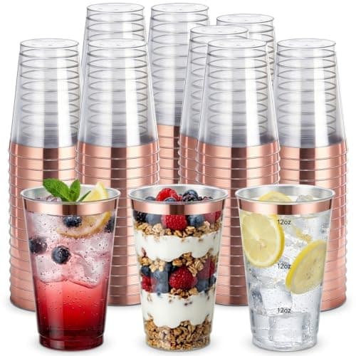 200 Pack 12oz Plastic Cups with Rose Gold Rimmed - Sturdy & Food Safe Plastic Wine Glasses Wedding Cups Party Cups Clear Cups Plastic Cocktail Glasses for Wine, Juice, Cocktails and Cold Beverages - Image 1