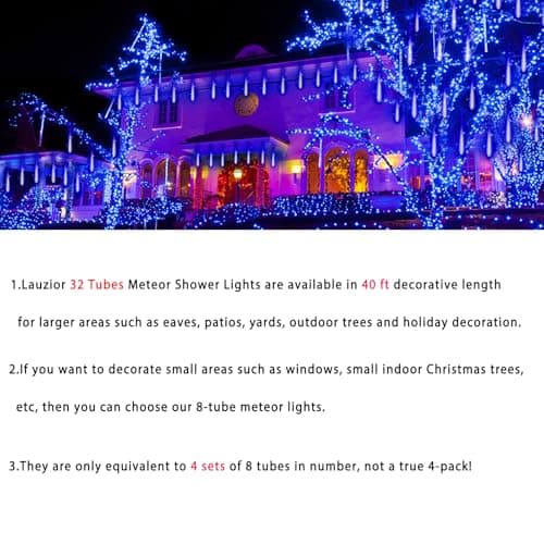 Christmas Lights Outdoors, 32 Tubes(Equivalent to 4 Sets of 8-Tubes) Meteor Shower Rain Lights - Blue lcicle Christmas Light Outdoor for Xmas Tree Wedding Party Holiday House Yard Decor, UL Plug - Thumbnail 5
