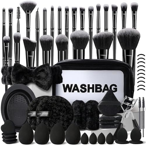 HGHDBT 56Pcs Black Makeup Brushes Set Professional with Case Premium Synthetic for Blush Eye Shadow Concealer Powder Foundation Eye & Face Make up Brush Kit with Beauty Blender Sponge Set Tools