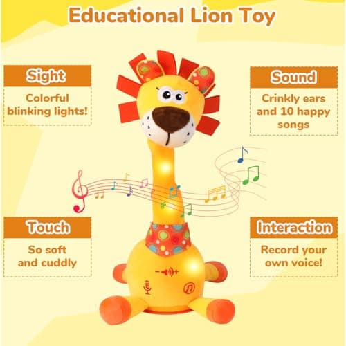 Dancing Talking Lion Plush Toy, Interactive Mimicking Recording Repeating Lion Stuffed Animal, Singing 10 Children's Songs, Tummy Time Light Up Toy for Toddlers 1-3 Years, Forest Birthday Party Gifts - Thumbnail 5