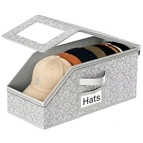 COAUOO Hat Storage Box with Clear Window, Stackable Baseball Cap Organizer Bin, Foldable Closet Storage Container with Zipper Lid for Hats, Clothing, and Accessories (1PCS)