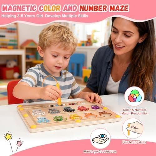 2 IN 1 Magnetic Color and Number Maze, Montessori Toys with Drawing Board for 3 4 5 Year Old, Wooden Magnet Balls Puzzles, Learning Educational Toys for Kids Toddlers Boys Girls Christmas Birthday - Thumbnail 3