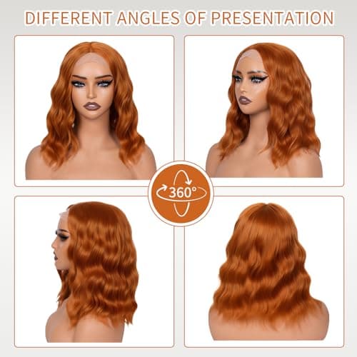 Uioxvn Ginger Orange Short Wavy Synthetic Wig Lace Hairline Bob Style Heat Resistant Fiber Wigs for Women Shoulder Length Copper Middle Part Natural Appearance Everyday Hairstyle 14 Inch - Thumbnail 3