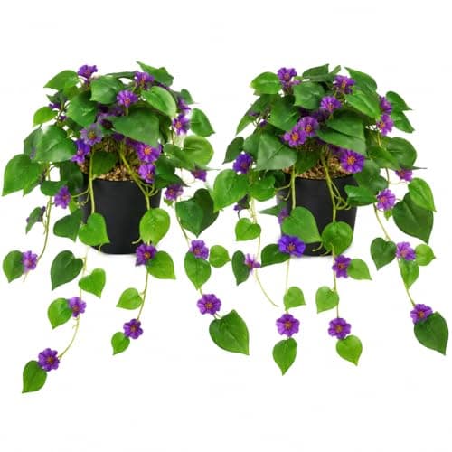 Corvessee Fake Plants – Set of 2 Pothos in Black Pots, Realistic Artificial Pothos for Indoor Decor, Lifelike Greenery for Living Room, Shelf, Office - Faux Pothos with Purple Petunia